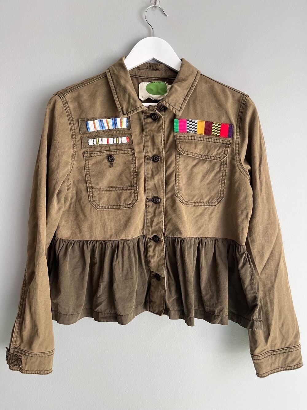 Anthropologie Military Jacket Women's XS Khaki Beaded Peplum Utility Boho Edge